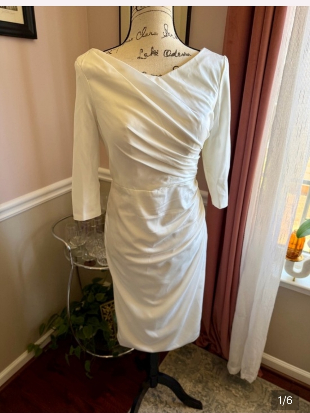 Ivory Sheath Midi Dress Draped V Neck 3/4 Sleeve Bridal Bridgerton S